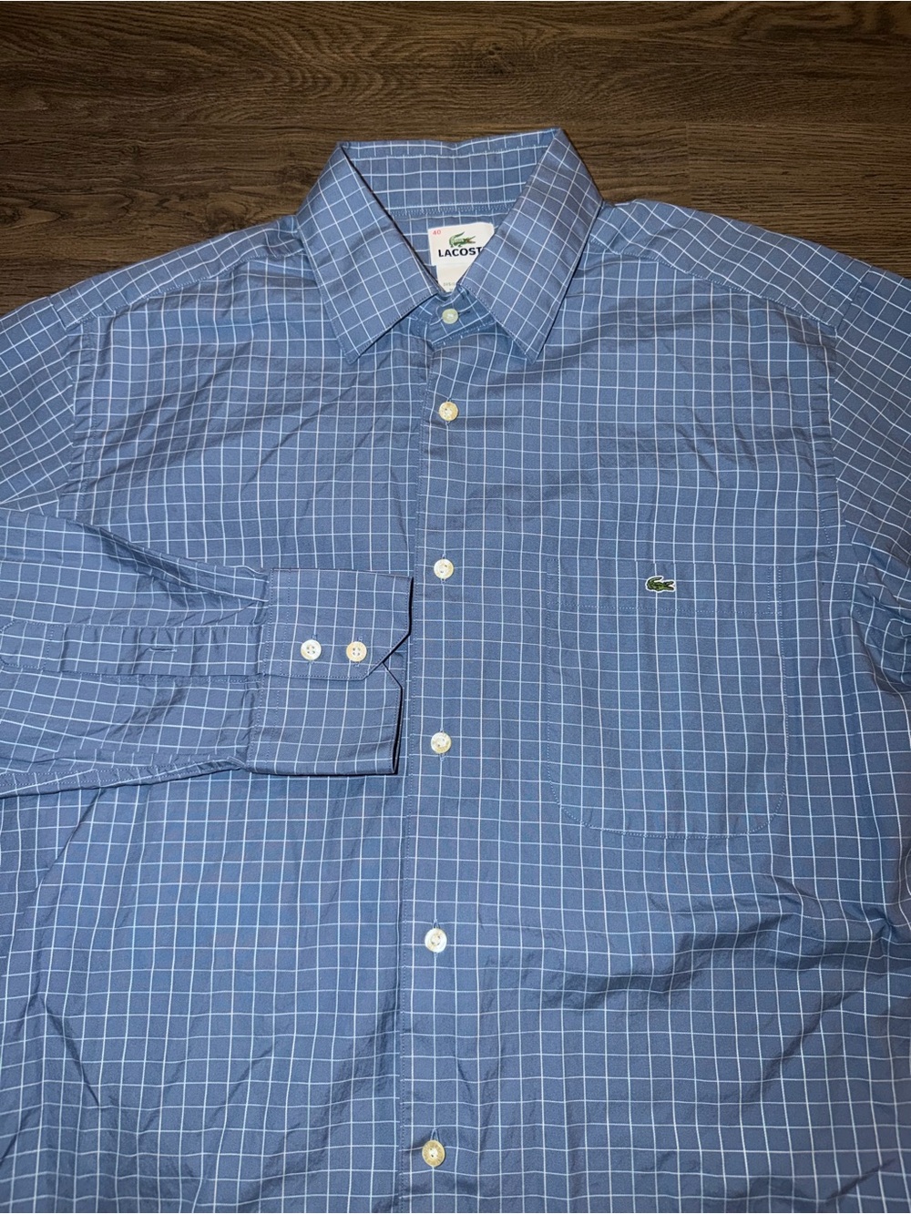 Lacoste Button Down Shirt Mens 40 Blue White Plaid Long Sleeve Button Up Shirt